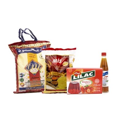 Rijst Mahmood 5kg + Mis Bulgur Fijn 1kg+ Lilac Jello Aardbei+Rana scherpe saus